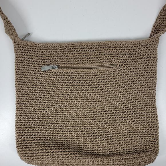 Vintage Sak Crochet Shoulder Bag 10" Dark Tan Nylon Ladies Handbag Pockets - Picture 9 of 16